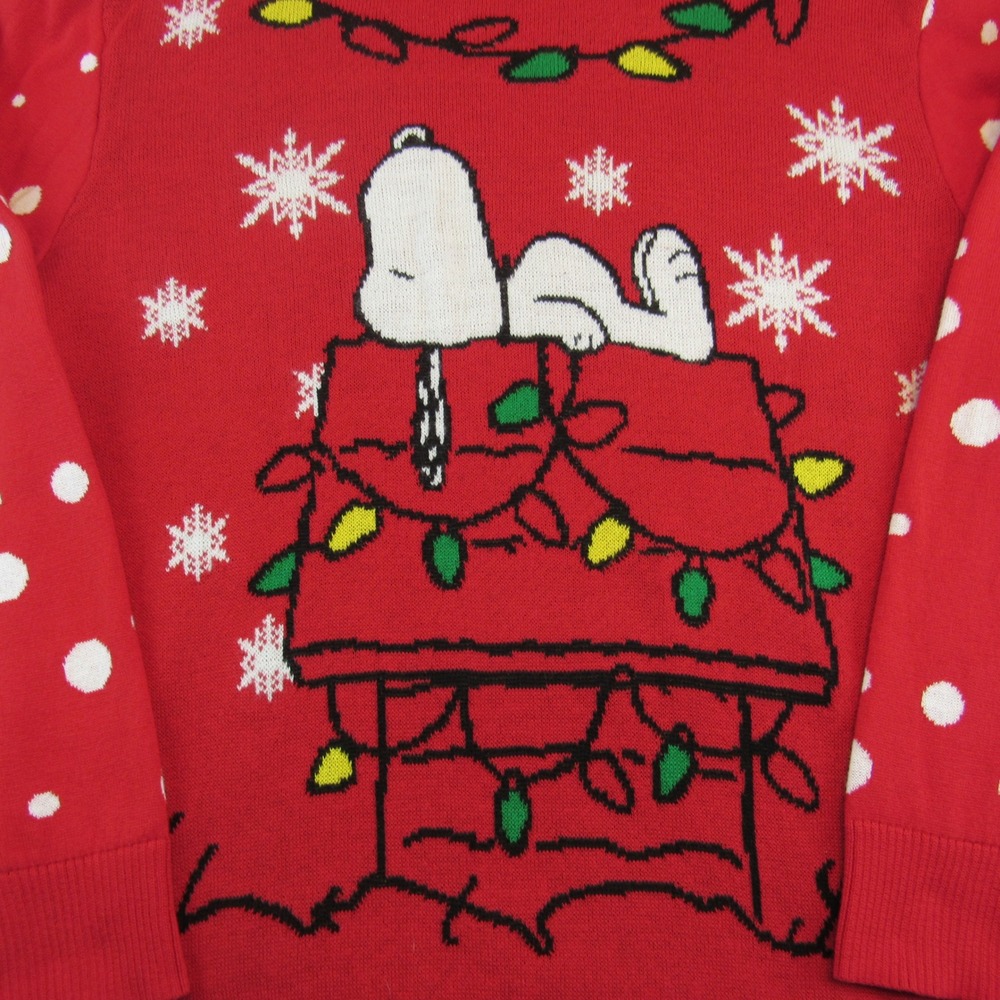 Peanuts Christmas Sweater Men's XL Red Snoopy Doghouse Snowflakes